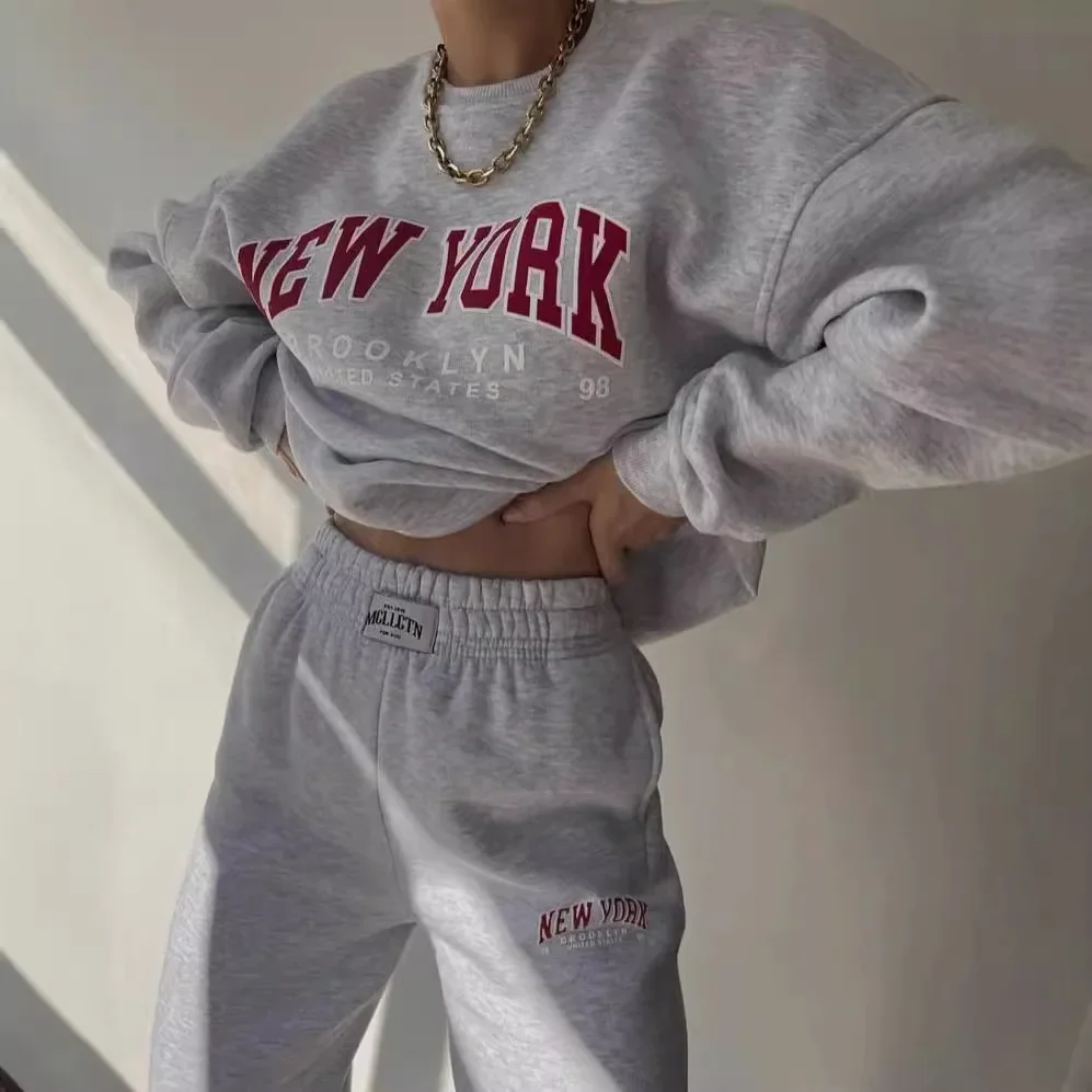 2026 European and American Women's Clothing Casual Fashion Printing Thickened Set Fleece Sweater Long-sleeved Pants Set