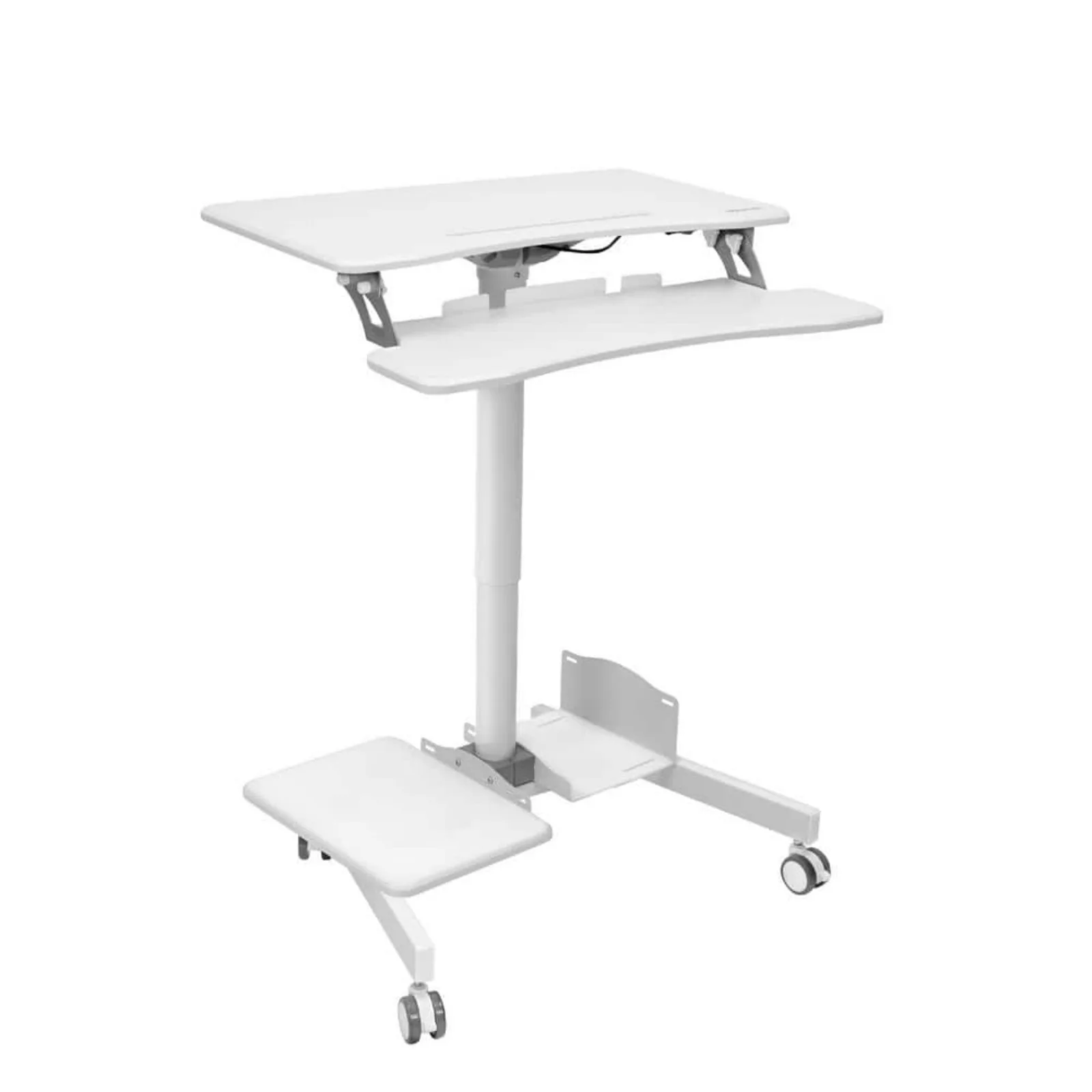 US 28 in. Height Adjustable Rectangular White MDF Mobile Computer Cart Rolling Desk with 2-Shelves for CPU and Printer