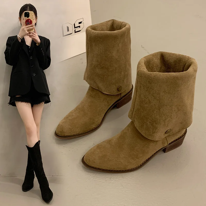 

Women's Riding Boots2025Autumn New Pointed Thick HeelsVHigh Thin Boots Long Boots Retro Slouch Boots