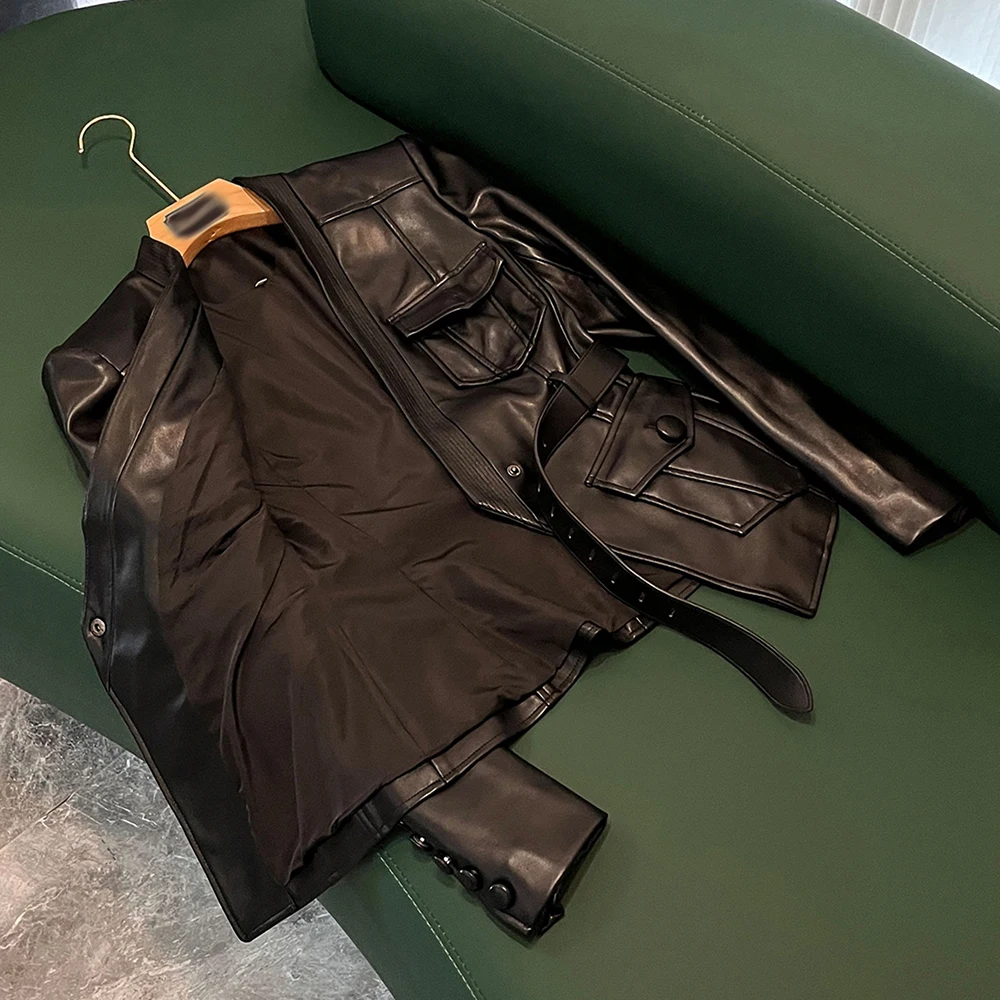 TWOTWINSTYLE Solid Slimming Leather Jackets For Women V Neck Long Sleeve Spliced Belt Casual Jacket Female Fashion New KJA545492