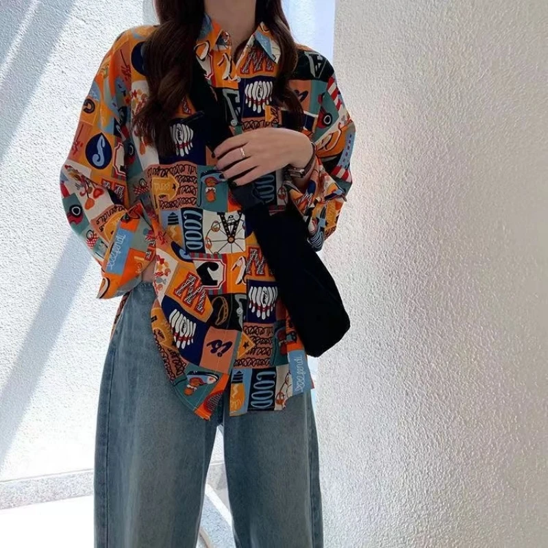 Printed Thin Shirts for Women Loose Hip-hop Street Wear Female Outwears Beach Hawaii Fashion Leisure Teens Spring New 2024