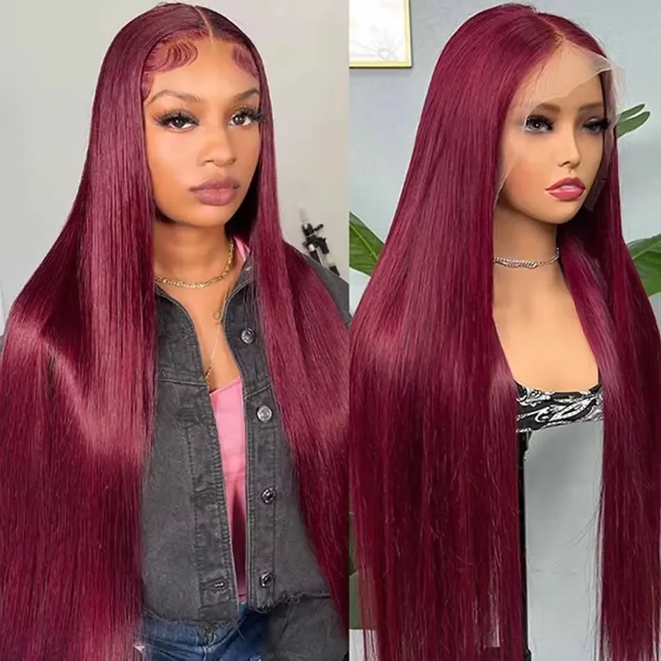 Perruque Lace Front Wig Naturelle Lisse Rouge Bordeaux 99J, 13x4, 13x6, Transparente, pour Femme