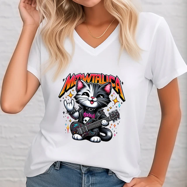Fashion Woman T-shirts Cartoon Cute Cat Lover Summer Clothes Cute Cat with Guitar T-Shirt Female Rock Music Lovers Casual Tops
