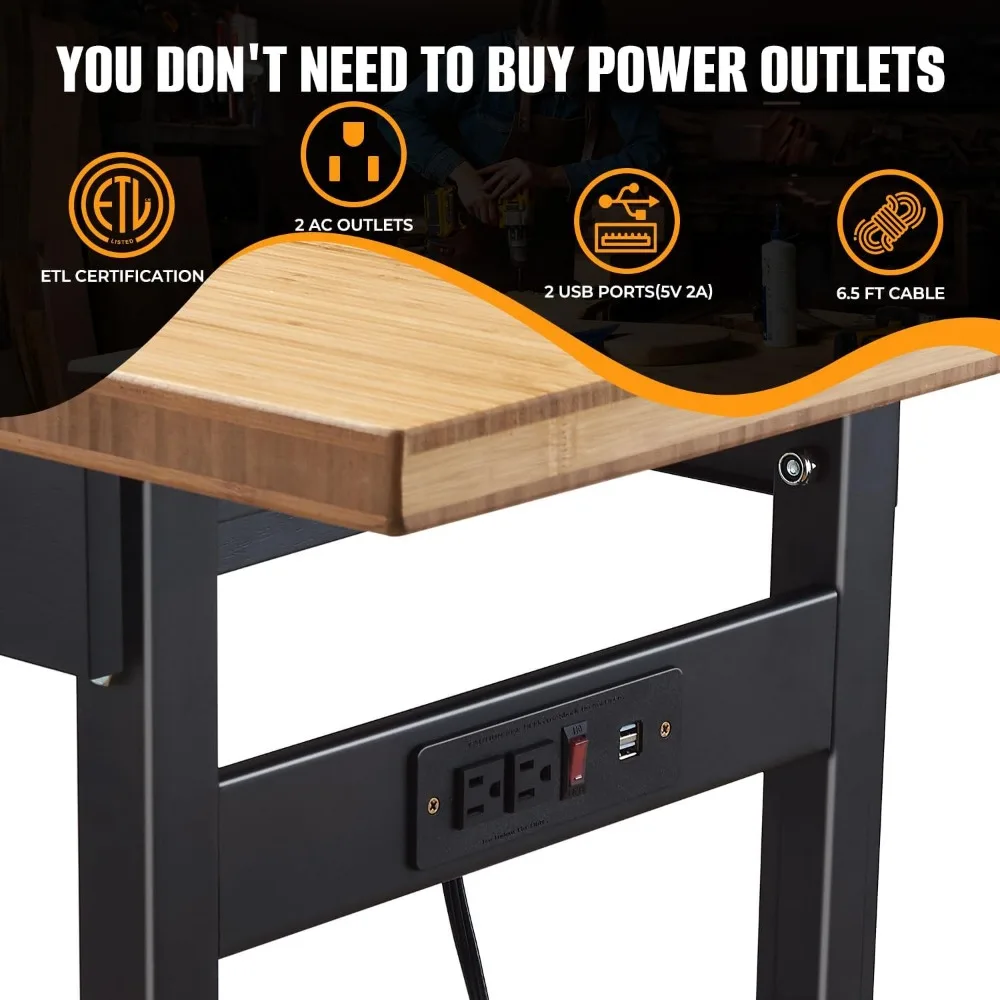 60" Adjustable Work Bench with Drawer Storage, Power Outlet, and Wheels Heavy Duty Work Table for Home, Garage, and Office