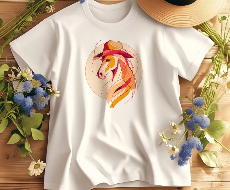 Abstract Horse with Cowboy Hat T Shirt Warm Colored Line Art Casual Fashion Unique Animal Design