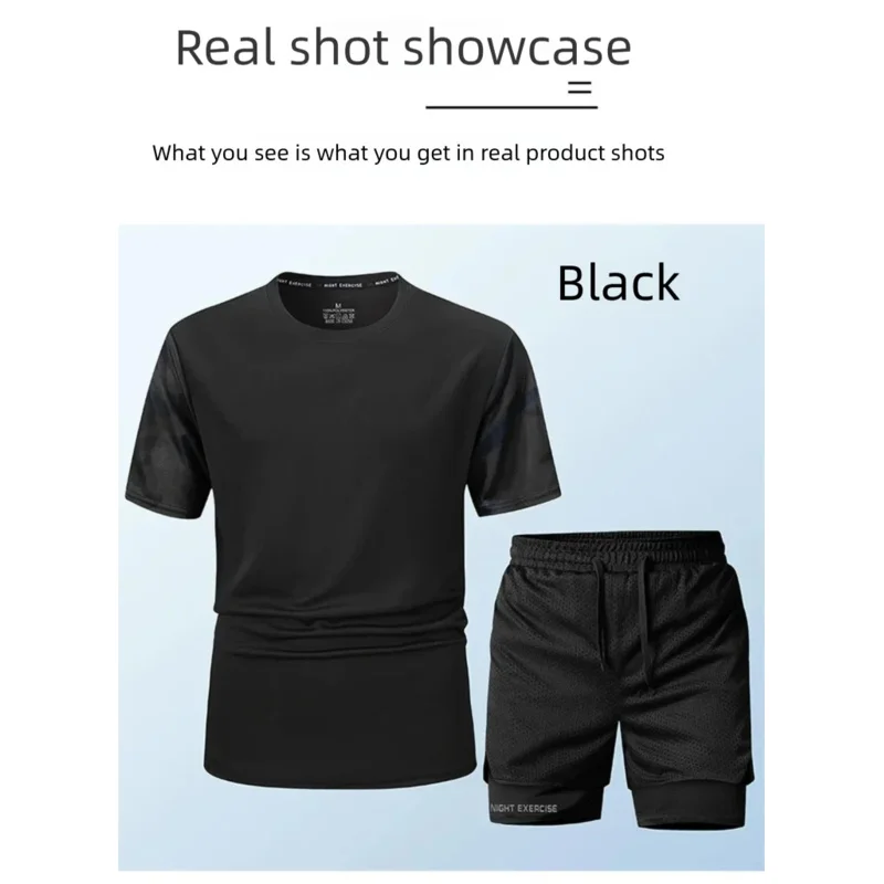 

Мужской спортивный костюм-двойка: футболка с коротким рукавом и повседневные шорты. Быстросохнущий и дышащий, идеально подходит для фитнеса и тренировок.