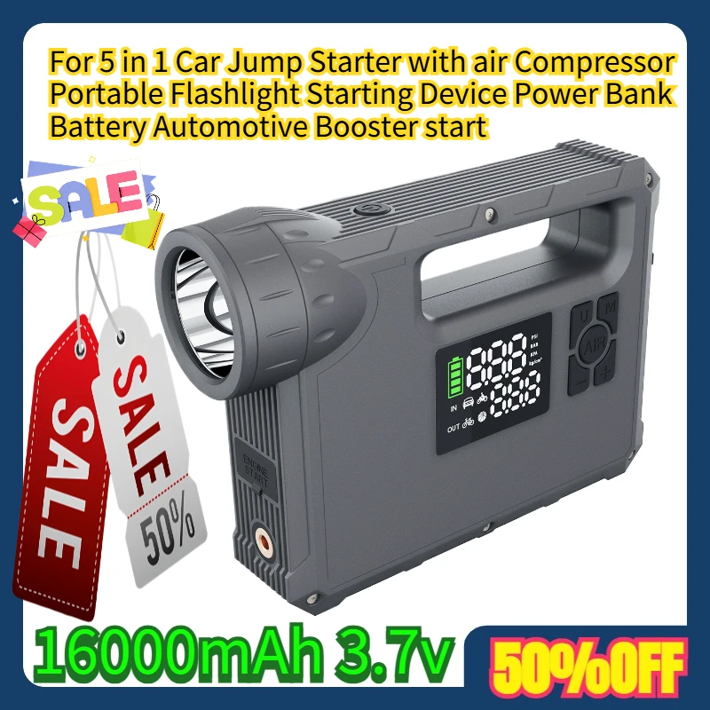 

For 5 in 1 Car Jump Starter with air Compressor Portable Flashlight Starting Device Power Bank Battery Automotive Booster start