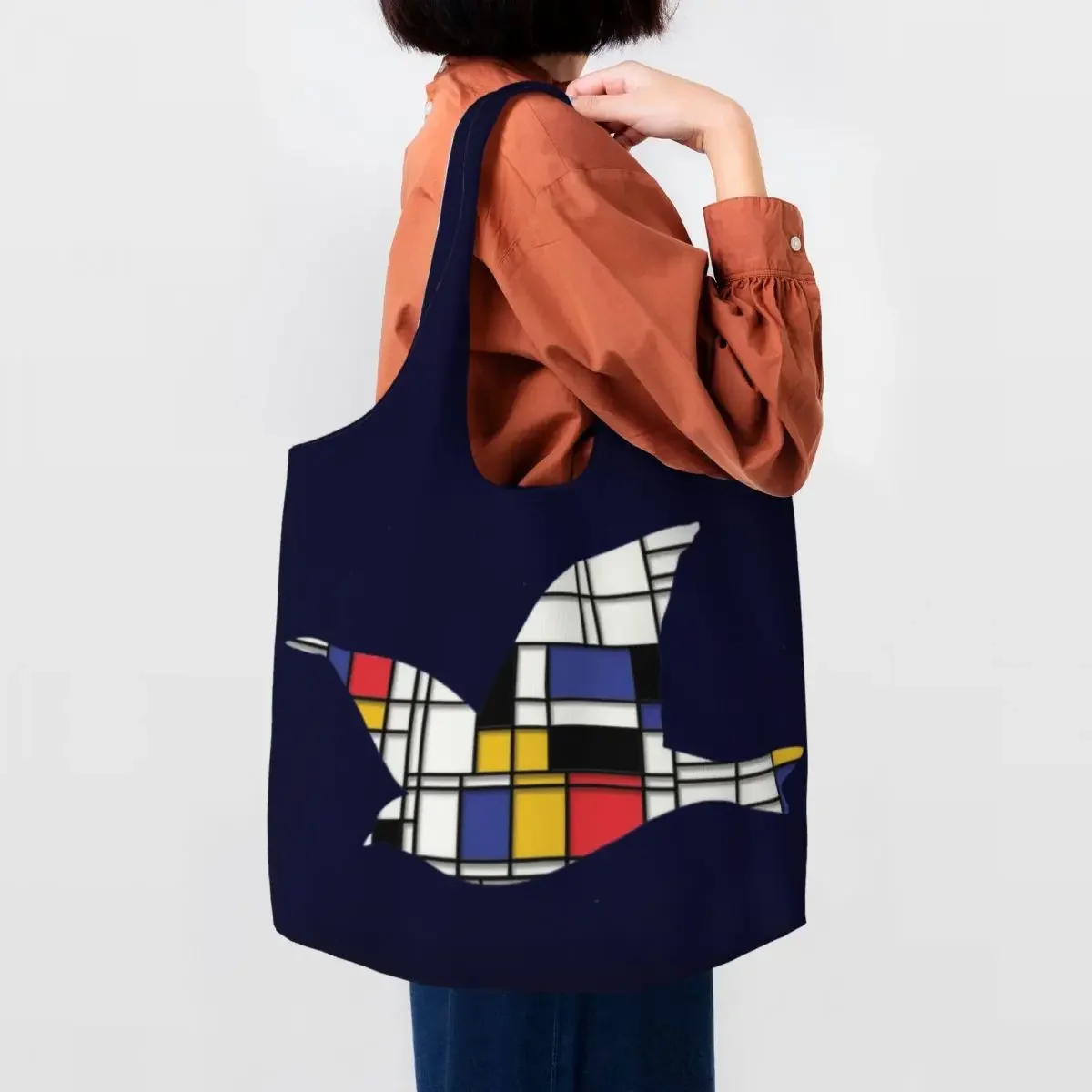 

Custom When Mondrian Meets Rene Magritte Grocery Shopping Tote Bags Piet Mondrian Bird Canvas Shoulder Shopper Bag Capacity