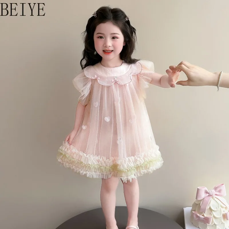 cute-style-sweet-birthday-dress-girls-summer-new-love-ruffle-edge-princess-dress-children-pink-color-daily-wear-party-dress