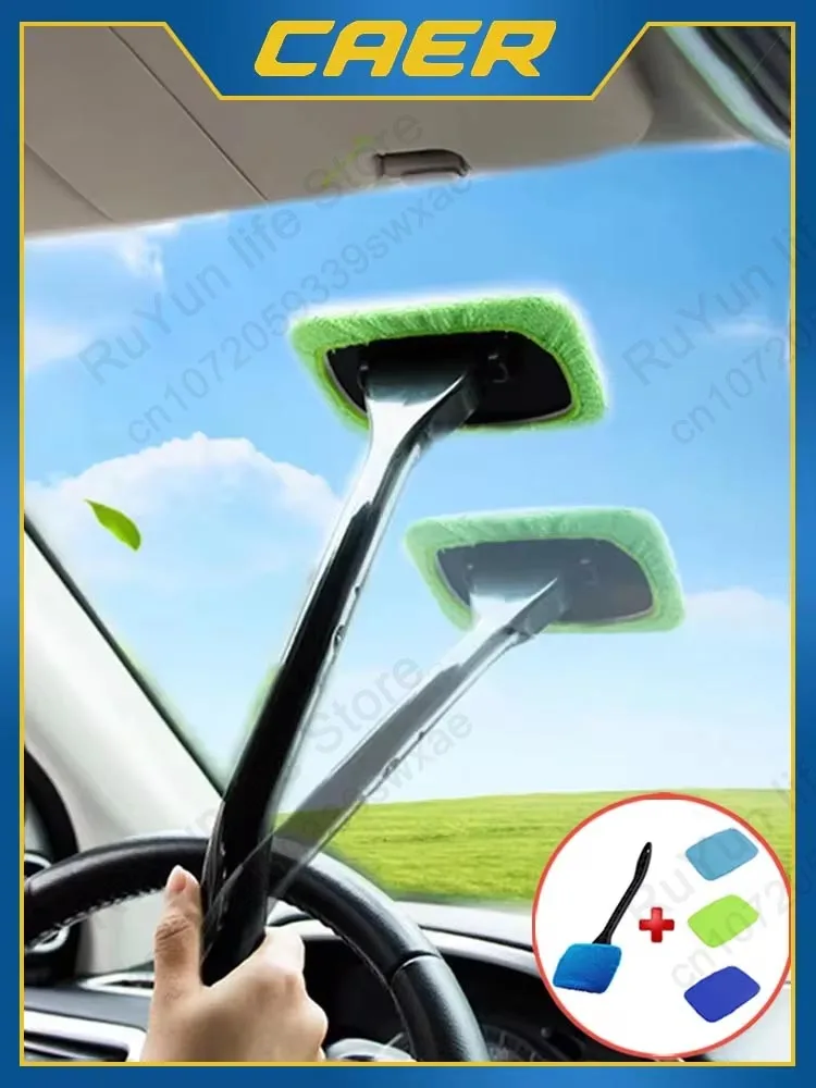 Car Window Cleaner Brush Kit Microfiber Windshield Cleaning Tool Auto Interior Glass Wash Wiper Long Handle Reusable Cloth Pad