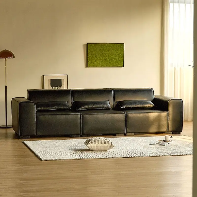 of the big black cow's first-layer cowhide sofa, Italian minimalist black tofu block whole leather straight-row combination sofa
