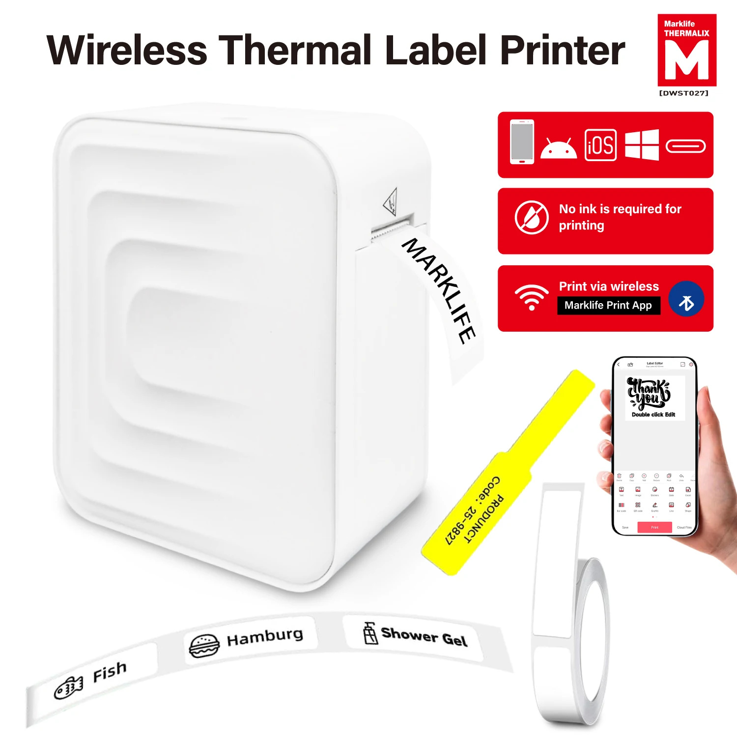 Marklife Thermal Label Printer M1 Mini Protable Bluetooth Self-adhesive Label Printer For Office Kitchen School To Gift/Marking