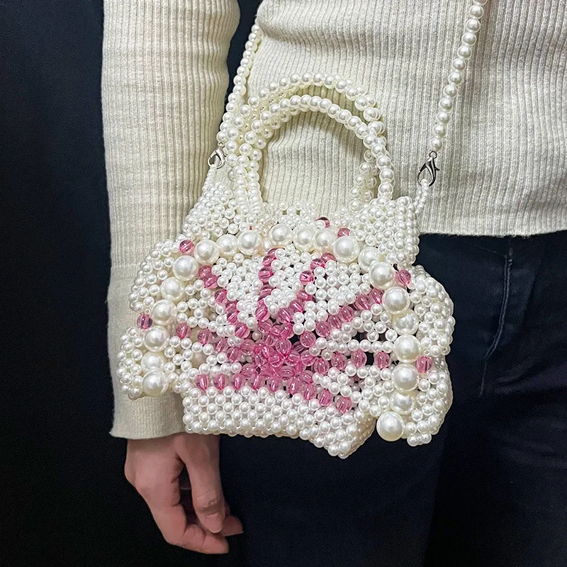 French Style Acrylic Pearl Handmade Woven Handbag Casual Color Blocking Beading Hollow Out Bucket Bag Women's Crossbody Bag