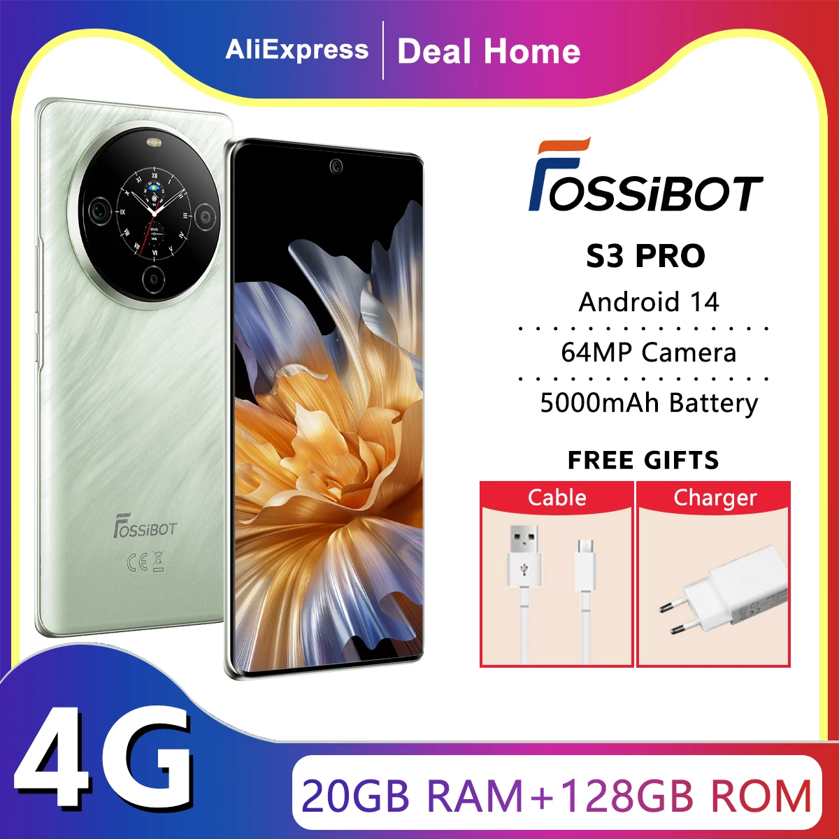 Смартфон FOSSiBOT S3 PRO с AMOLED-дисплеем 6,67 дюйма, Android 14, мобильный телефон с разрешением до 20 + 128 ГБ, 8 + 64 МП, камера, NFC, сотовый телефон