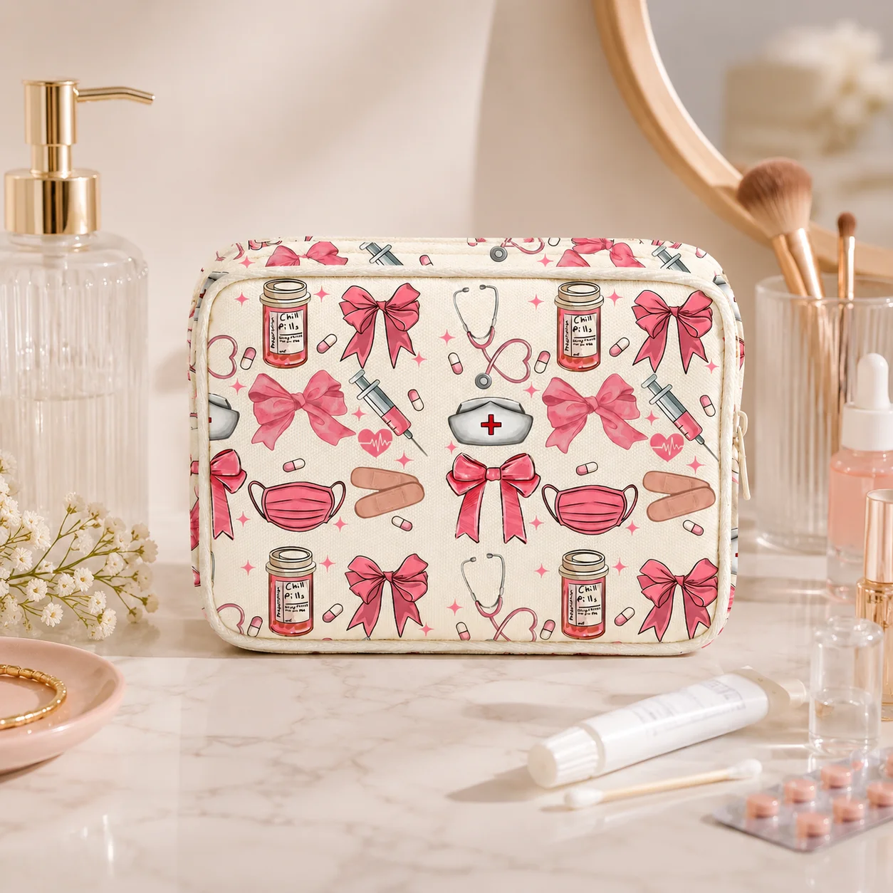 Cute Pink Bow Medicine Bag, Large Capacity First Aid Organizer Case for Women Nurses, Travel, Home, School & Emergency