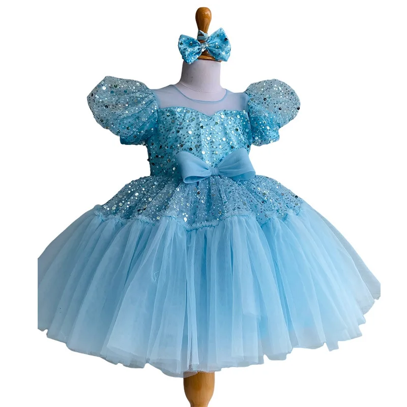 Personalizzato O-Collo Manica a sbuffo Paillettes Slim Bambini Festa di compleanno Abiti Design Abito da ballo Abiti da principessa A strati Maglia Fiore Gi