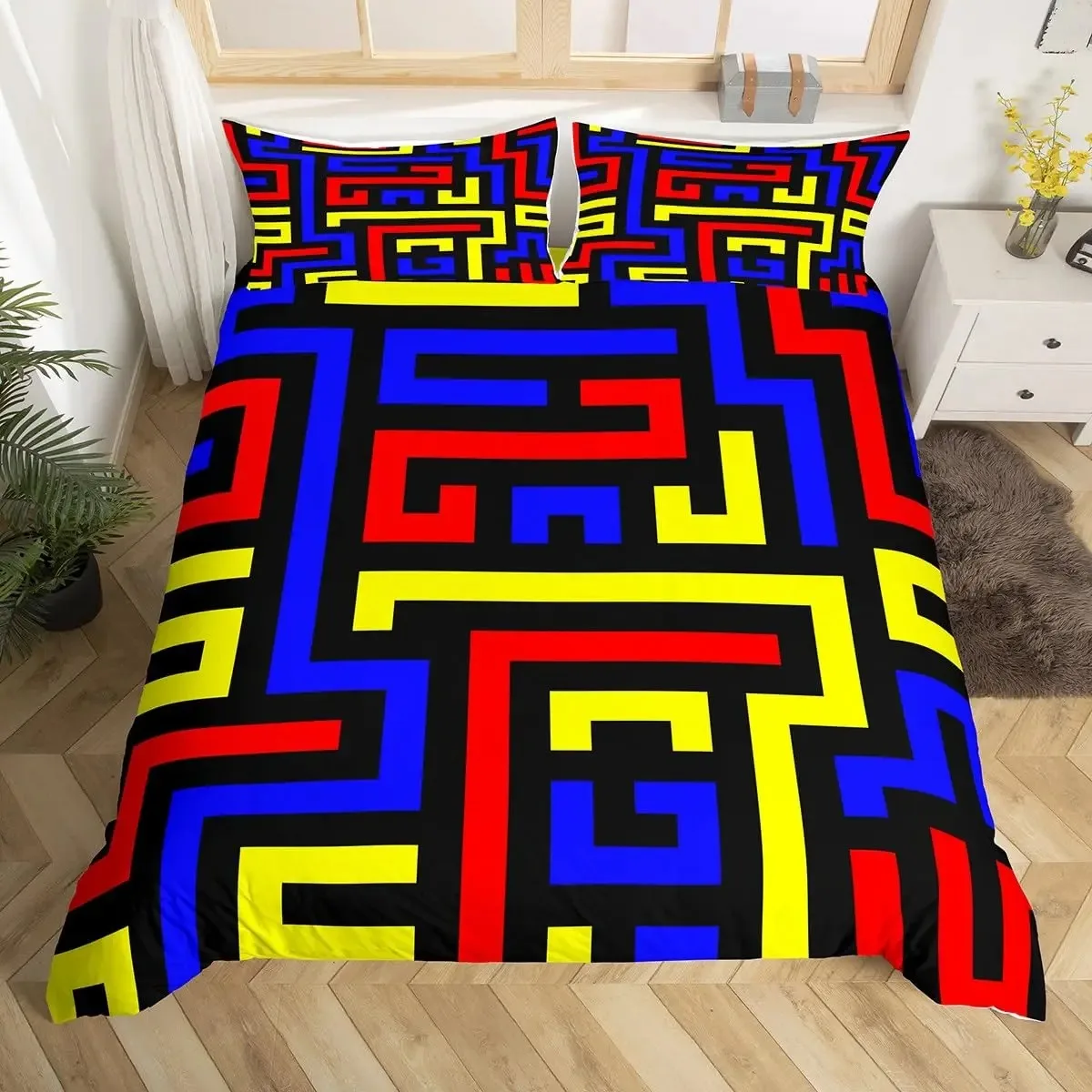 

Abstract Geometry Bedding Set King Queen Red Blue Yellow Duvet Cover Geometric Art Qer