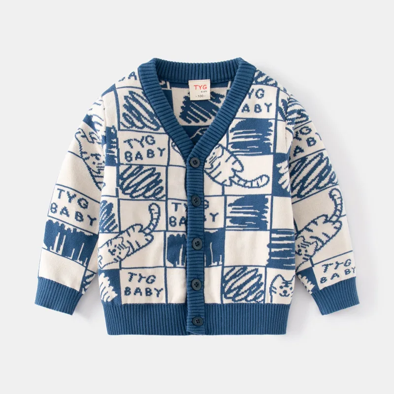 Kids Casual Cartoon Tiger Jacquard Warm Knitted V-neck Cardigan Sweater Knitwear Baby Boys Autumn Winter Sweaters Cardigans