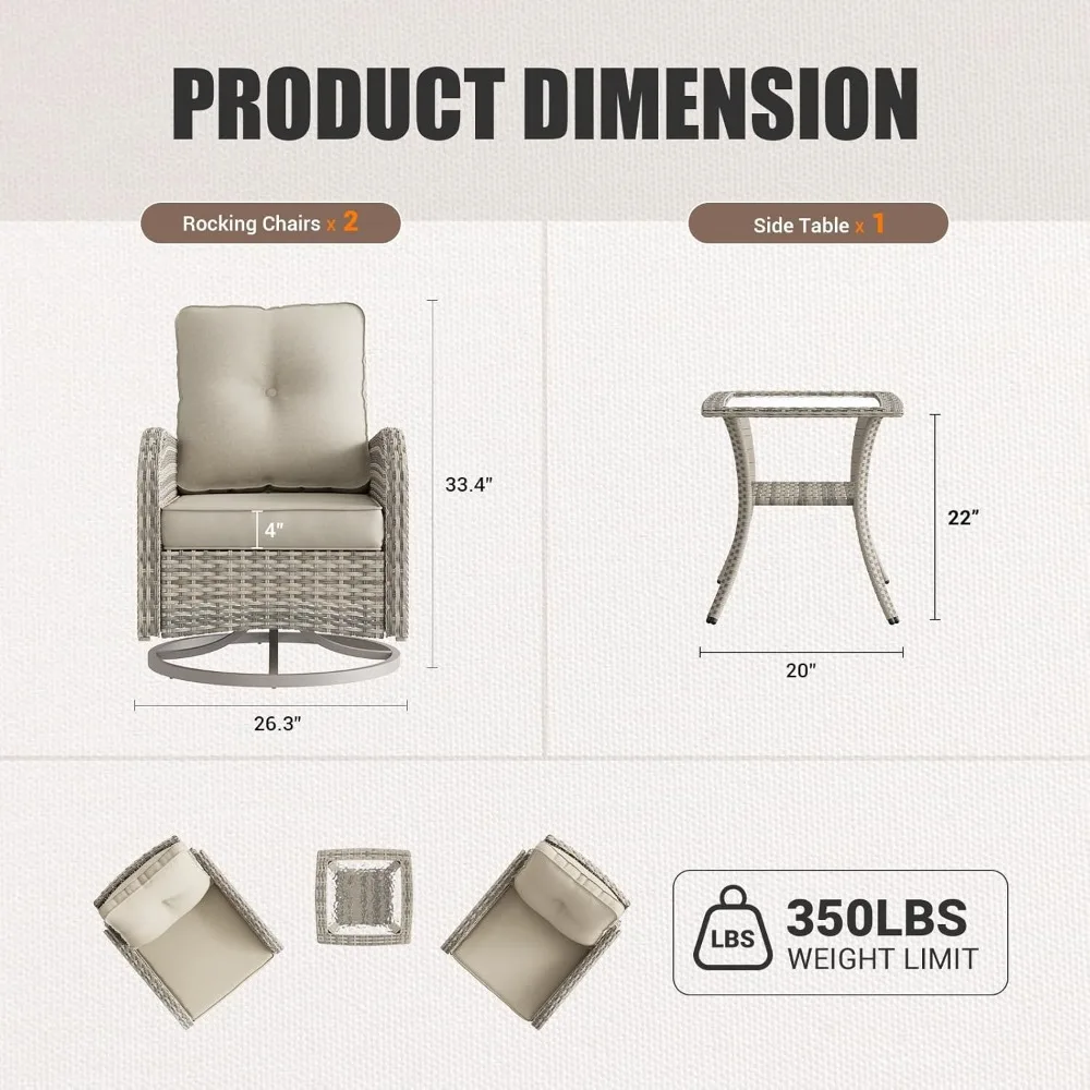 

Outdoor Rattan Rocking Chair and Swivel Dining Table Set with Tempered Glass Side Table