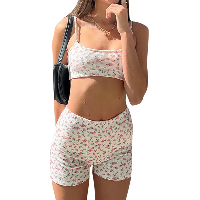 

Women 2 Pieces Knitted Short Set Sleeveless Floral Prints Crop Top Cami Tops High Waist Shorts Outfits Tracksuits Y2k Streetwear