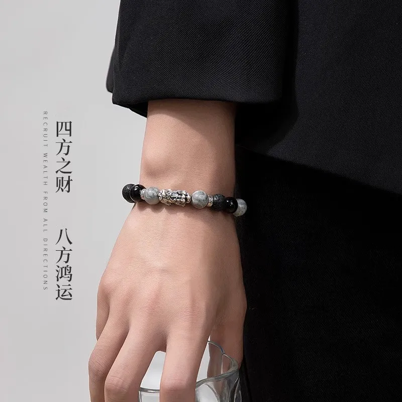 999 Pure Silver Pixiu Bracelet for Men Black Agate Beaded Bracelet Premium Silver Jewelry for Boyfriend 2026 Gifts