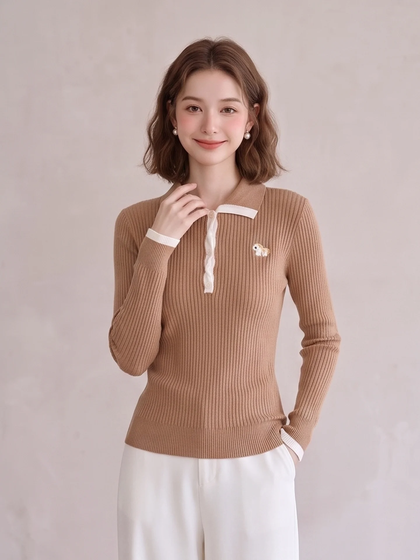 Retro Embroidered Long Sleeve Knitted Sweater Women's Slim Fit Turn-down Collar Inner And Outer Wear City Walk Soft Korean Style