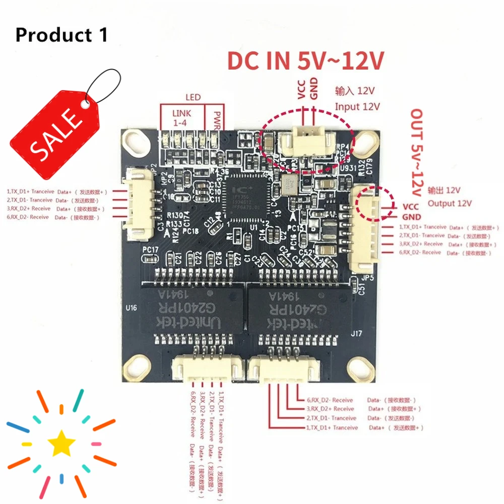 4 10/100M  Industrial Ethernet Switch board 802.3af/AT port power supply 100M switch PD separation buck 12vTemperature-40 to 75℃
