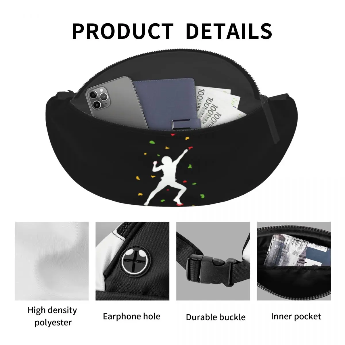 Rock Climbing Wall Bouldering Fanny Pack Women Men Casual Climber Crossbody Waist Bag for Camping Biking Phone Money Pouch