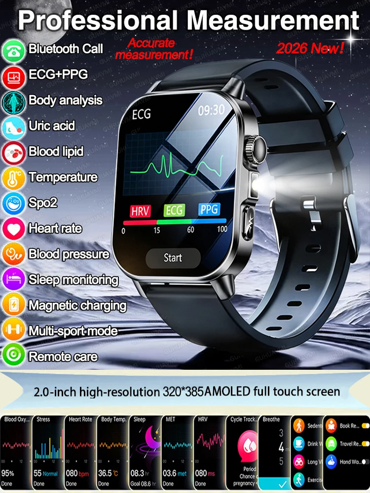 2026 Neue Präzise Diagnose-Smartwatch mit EKG, Blutsauerstoff, Blutdruck, Harnsäure, Lipiden, Gesundheitsüberwachung, HD AMOLED-Bildschirm, Anruffunktion für Männer und Frauen