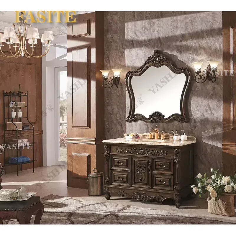 European Traditional Solid Wood Bathroom Vanity Hand Carved Classic Cabinetry Modern Design Ceramic Basin Paired Floor Mirror