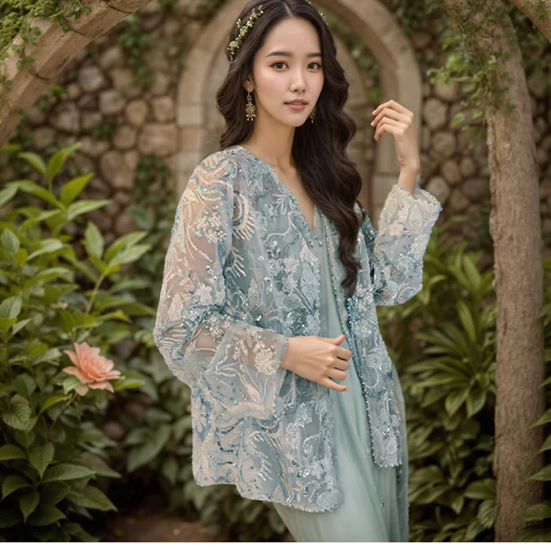 Summer New Exquisite Bead Embroidery blue Organza Top Chinese Button Fashionable Long Sleeved Sequined Women's Jacket S-XL