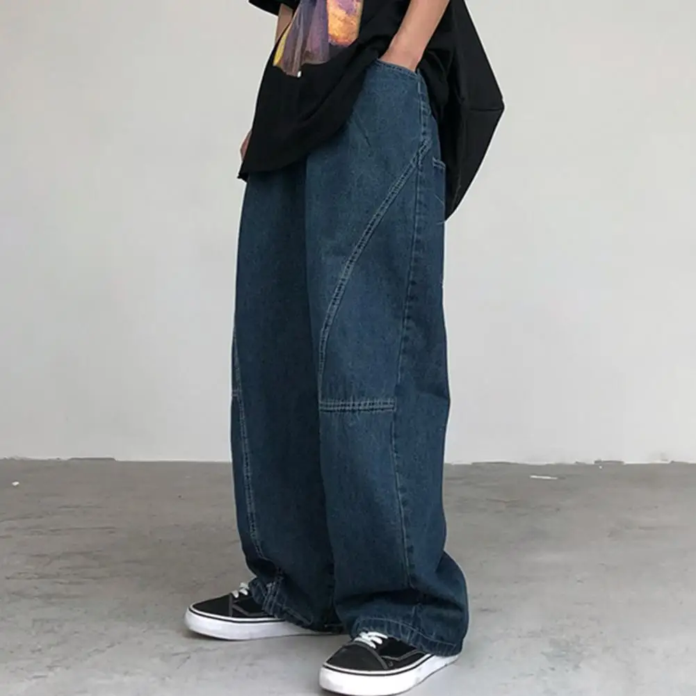 Men Pants Vintage Cargo Pants Washed Loose Wide Leg Straight Deep Crotch Hip Hop Patchwork Pockets Oversized Long Trousers