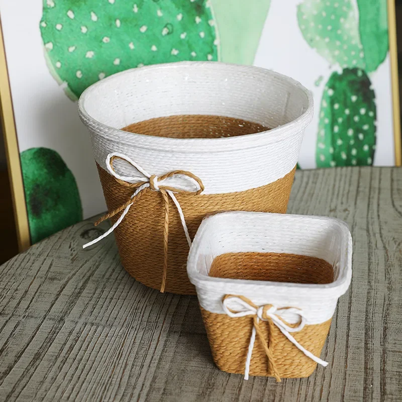 Paper Rope Braided Fresh Flowers Pot Woven Potted Grass Planter Decorative Basket Indoor Flower Pots Cover Plant Container Groot