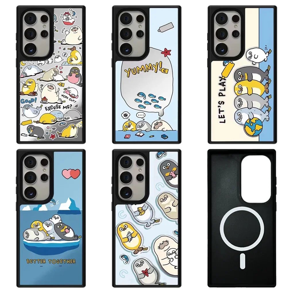

Cartoon Seal Imprinted Letters Mirror Surface Case for Galaxy S23 S24 S25 Ultra Plus S25U S25+ Shell with MagSafe