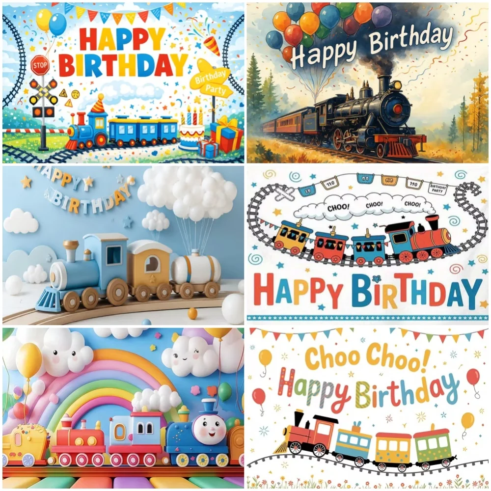 Cartoon Train Birthday Party Decoration Background Choo Choo Outdoor Landscape Kid Summer Camp Backdrop Wall Hanging Banner Prop