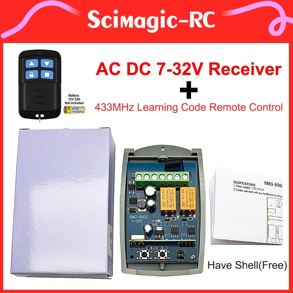 ユニバーサルガレージドアおよびゲートコントロール,433mhz,2chリレーレシーバー,433mhz,rf学習コード送信機,ac dc,7-32v,220v