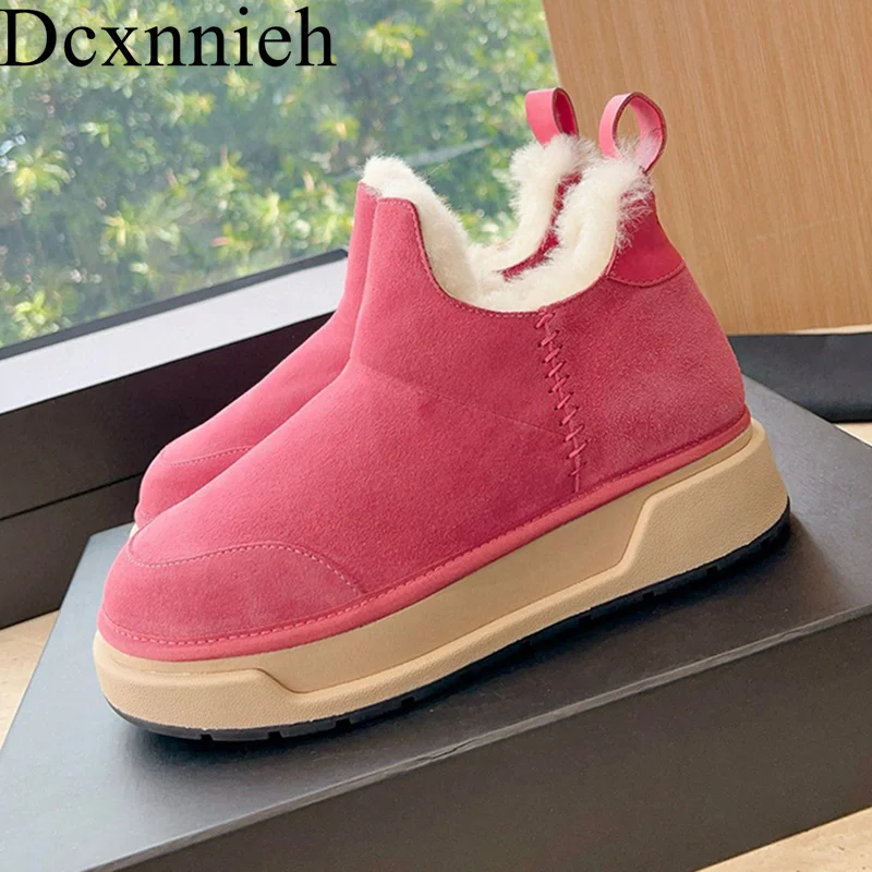 

Flat Thick Sole Fur Snow Boots Women Kid Suede Round Toe Ankle Botas Winter Warm Platform Shoes Real Wool Lining Short Boots