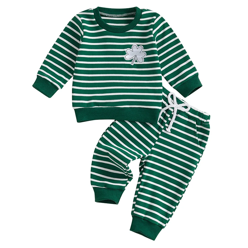 Boy Irish Day Outfit Sets Long Sleeve Clover Embroidery Tops Drawstring Pants Sets