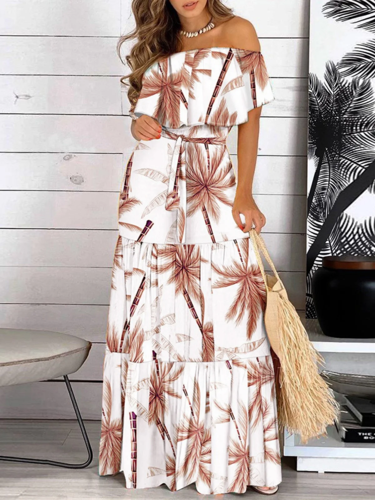 Women's Ruffle Lace up Printed Dr mid Waist ort Sve Street Sle Floral  Skirt Single Piece Summer Faion