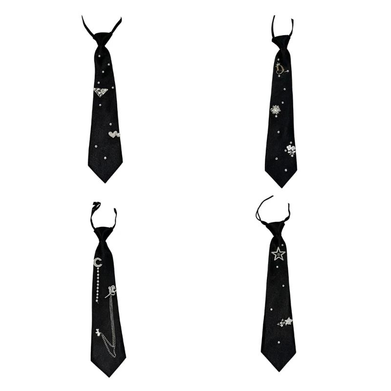Q39C Quick Wear Black Necktie, Decorative Narrow Tie with Fixed Knot for Class Wear, Office Styling, Party Looks, and Photos