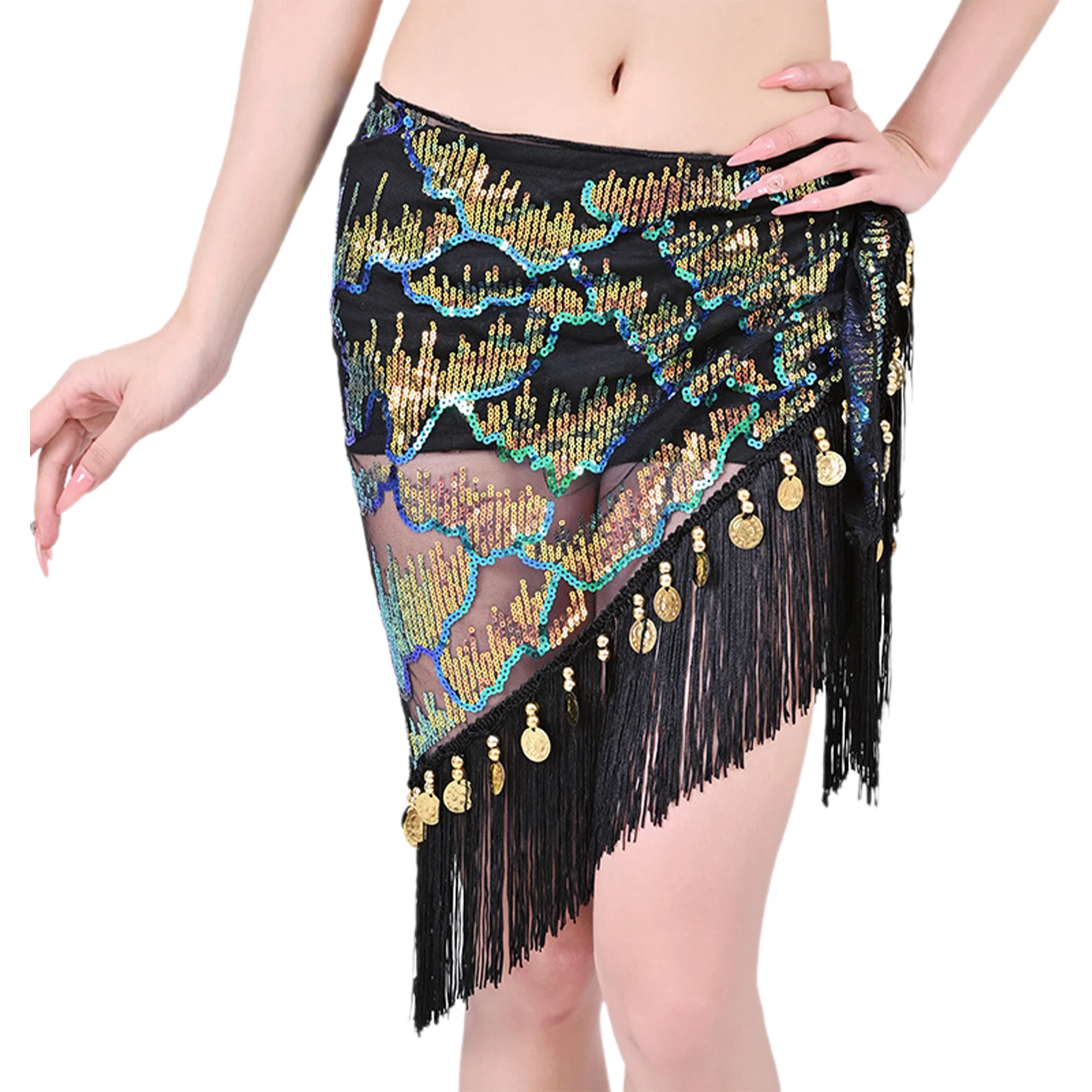 

Women Belly Latin Dance Lace-up Hip Scarf Skirts Sequin Tassel Triangle Waist Chain Hip Wrap for Latin Tango Ballroom Dance Wear