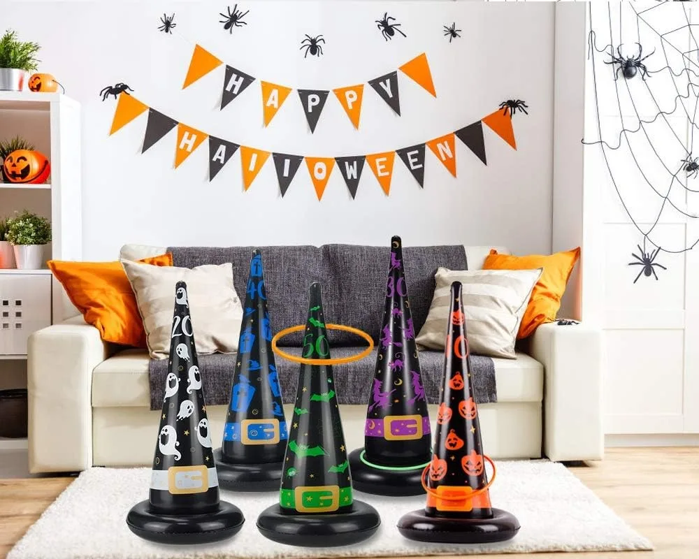 Inflatable Witch Hat Ring Toss Halloween Party Game with Point System Plastic Rings Air Pump Indoor Outdoor Garden Toys for Kids