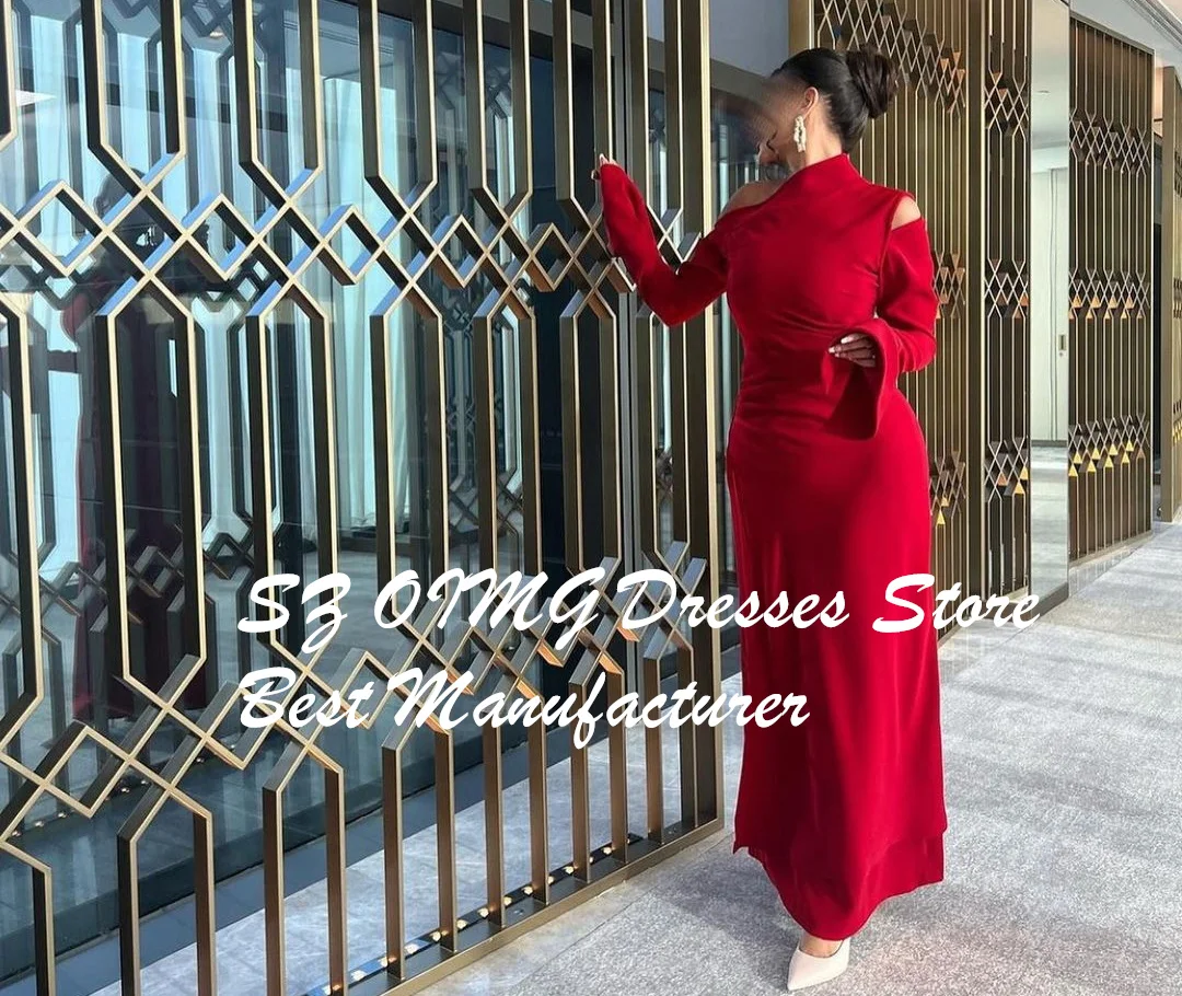 OIMG One Shoulder Red Prom Maxi Dresses Long Sleeves Customized Satin Ruched Sheath Elegant Evening Gowns Formal Party Dress