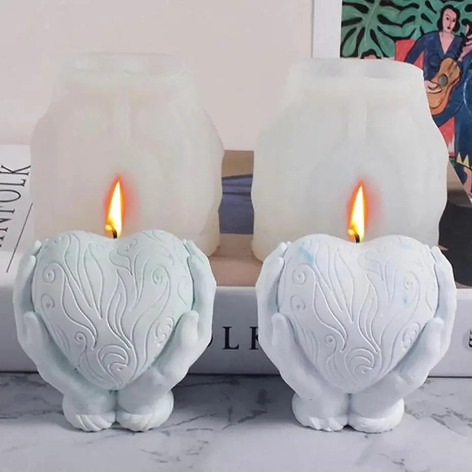 Creative New Carved Heart Love Candle Mold Two-hand Holding Design Silicone Mould For Candle Soap Chocolate Making Wedding Gift