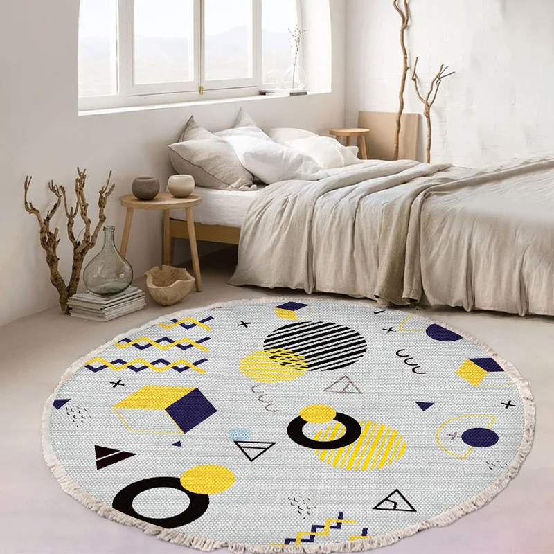 Nordic Style Tassels Carpet Handmade Round Cotton Linen Living Room Geometric Decor Non-Slip Floor Mat Bedroom Bedside Area Rugs