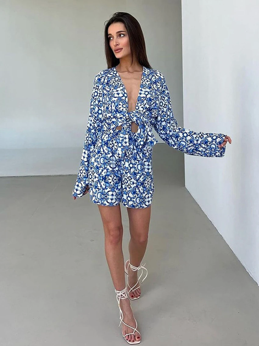 Marthaqiqi Autumn Printing Female Sleepwear Suit Long Sleeve Nightwear Sexy V-Neck Nightgowns Shorts Causal Ladies Pajamas Sets