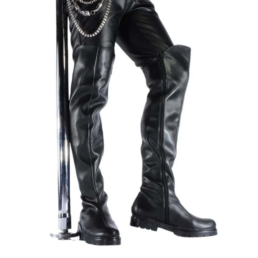 أحذية رجالية جلدية فوق الركبة أحذية شتوية أنابيب الصلب أداء الأحذية ، جولة تو سميكة وحيد أحذية ركوب الخيل أحذية رعاة البقر الغربية الانزلاق على