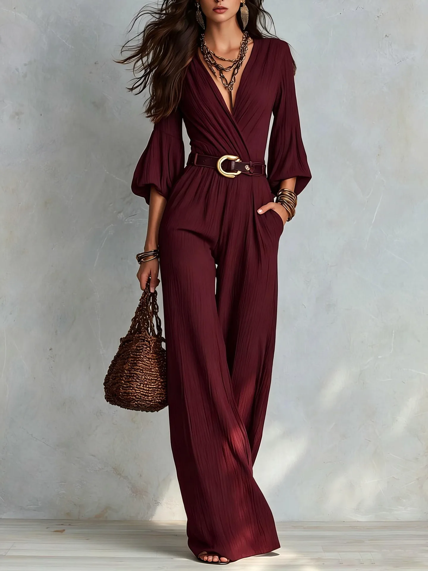 Casual Wide Leg Pants Jumpsuits With Belt Women Spring Autumn Fashion Deep V-neck Lantern Sleeve One Piece Sets