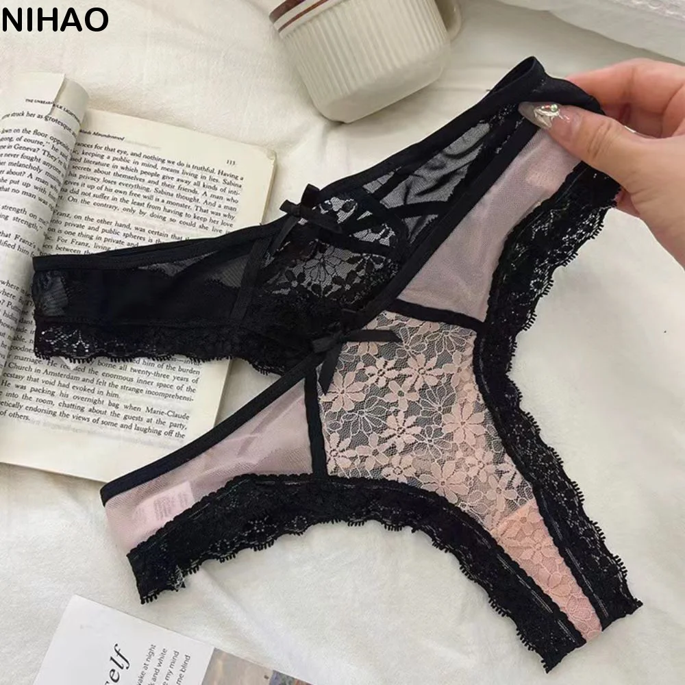 

Comfortable Patchwork Mesh Floral Bowknot Panties Thong Ruffle Lace Flower Transparent Briefs Underpants Female Lingerie Lady