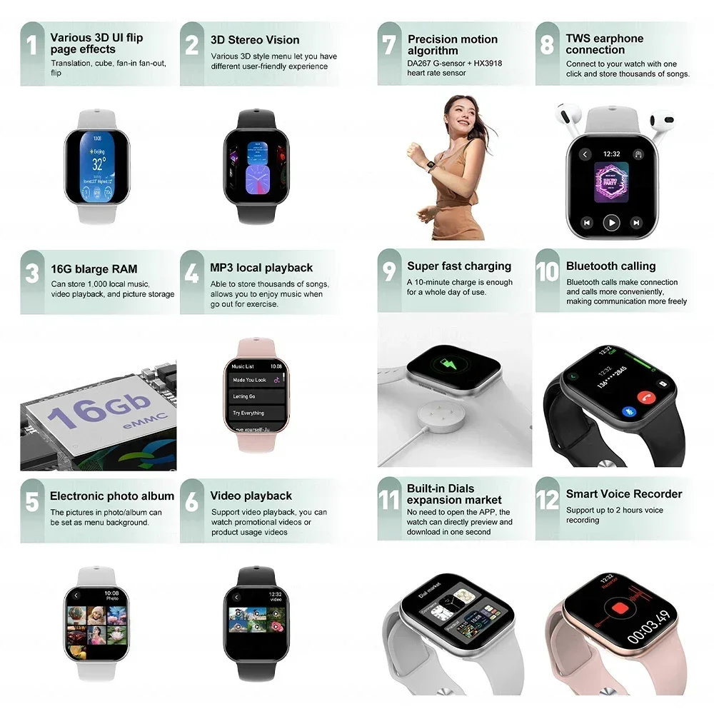 2025 جديد الأصلي لساعة أبل 10 ساعة ذكية الرجال 32G الذاكرة MP4 الموسيقى فيديو ثلاثية الأبعاد HD بلوتوث دعوة لتحديد المواقع المقتفي الساعات الذكية